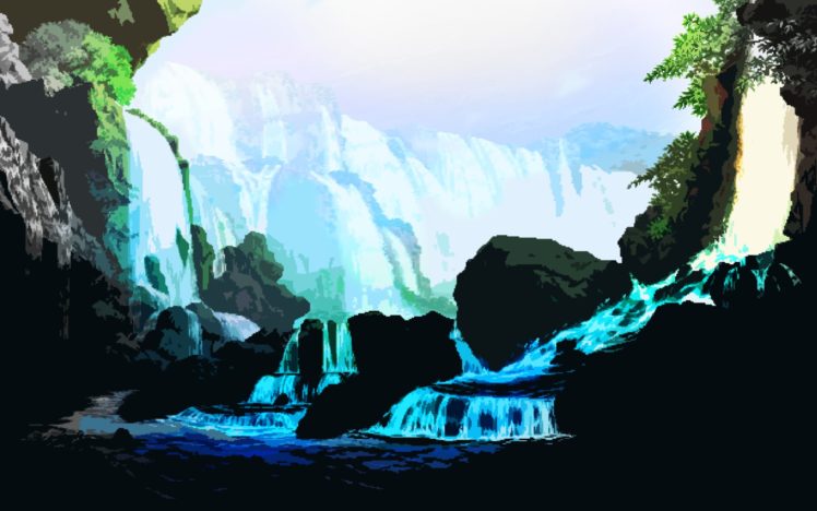 8 bit, Bit, Landscape, Waterfall, Mountains, Sky, Nature HD Wallpaper Desktop Background