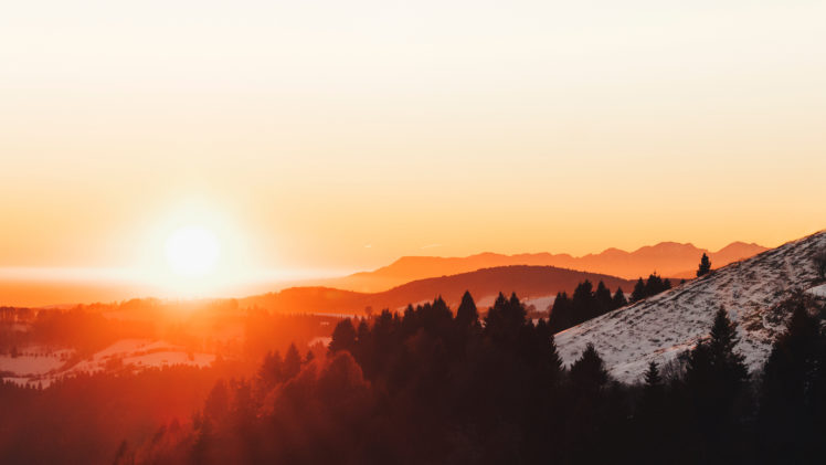 sunrise, Forest, Orange, Winter HD Wallpaper Desktop Background