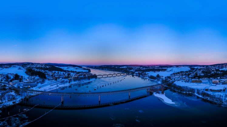 Norway, Fet, Blue, Bridge, Sunset, River, Snow, Winter, Ice, Akershus, Water, Train HD Wallpaper Desktop Background