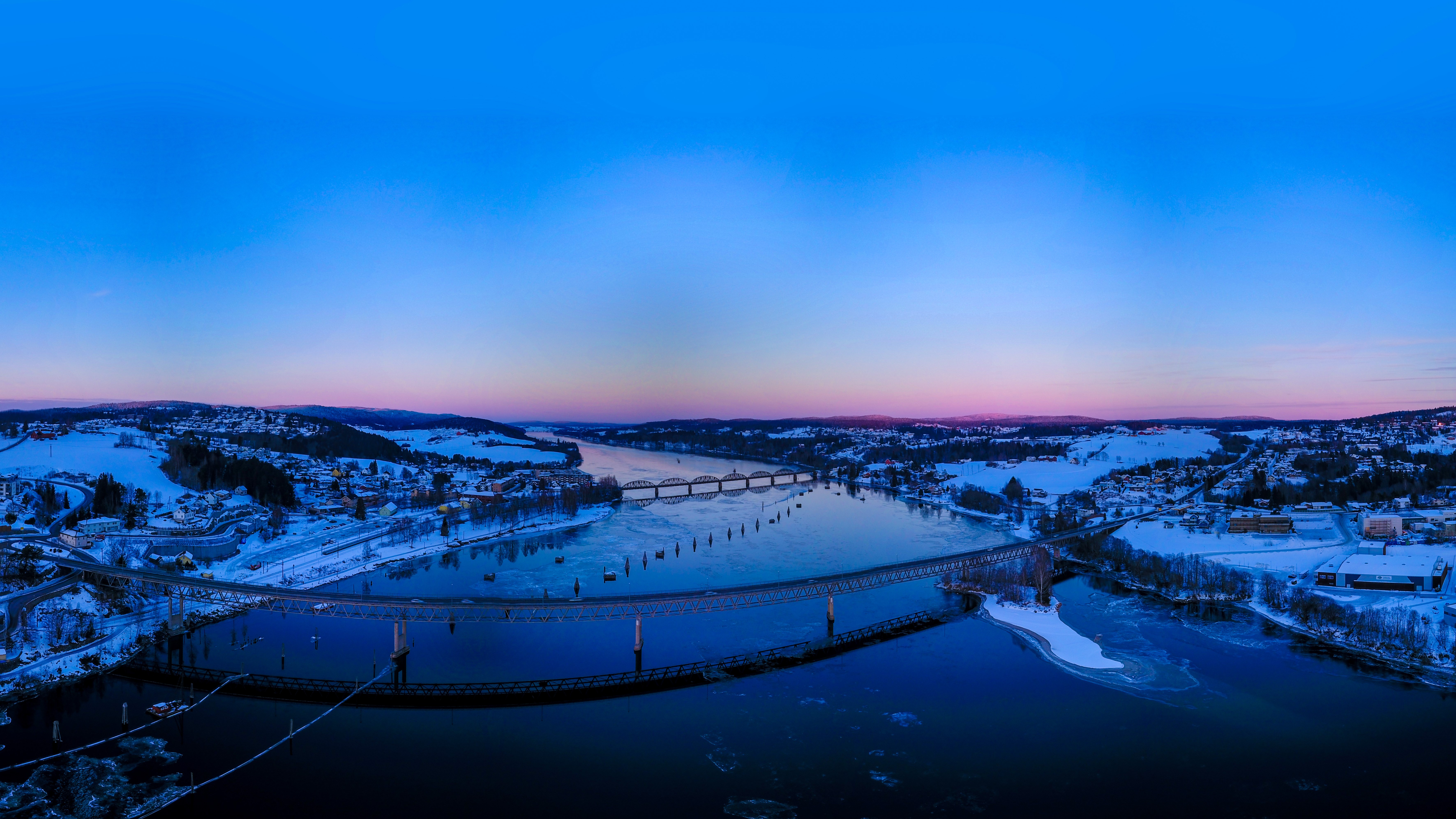Norway, Fet, Blue, Bridge, Sunset, River, Snow, Winter, Ice, Akershus, Water, Train Wallpaper