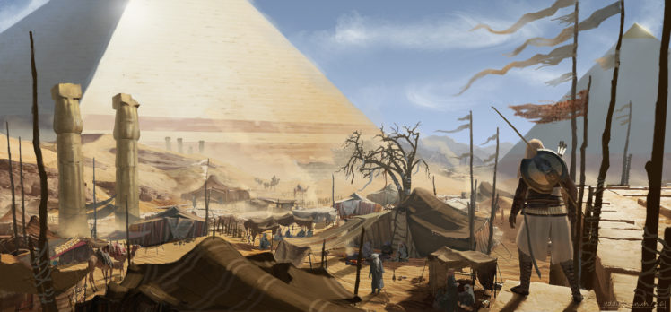 Assassins Creed: Origins, Video games, Artwork, Assassins Creed, Egypt, Landscape, Bayek, Pyramids of Giza, Ubisoft HD Wallpaper Desktop Background
