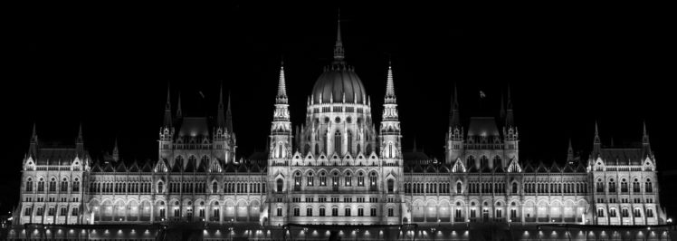 Budapest, European Union, Palace, Hungarian Parliament Building, Hungary, Monochrome HD Wallpaper Desktop Background