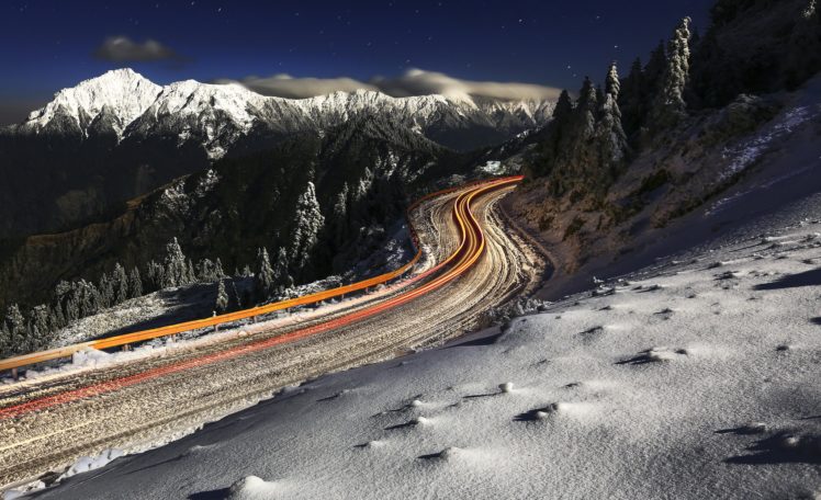 long exposure, Road, Mountains, Snow, Winter HD Wallpaper Desktop Background