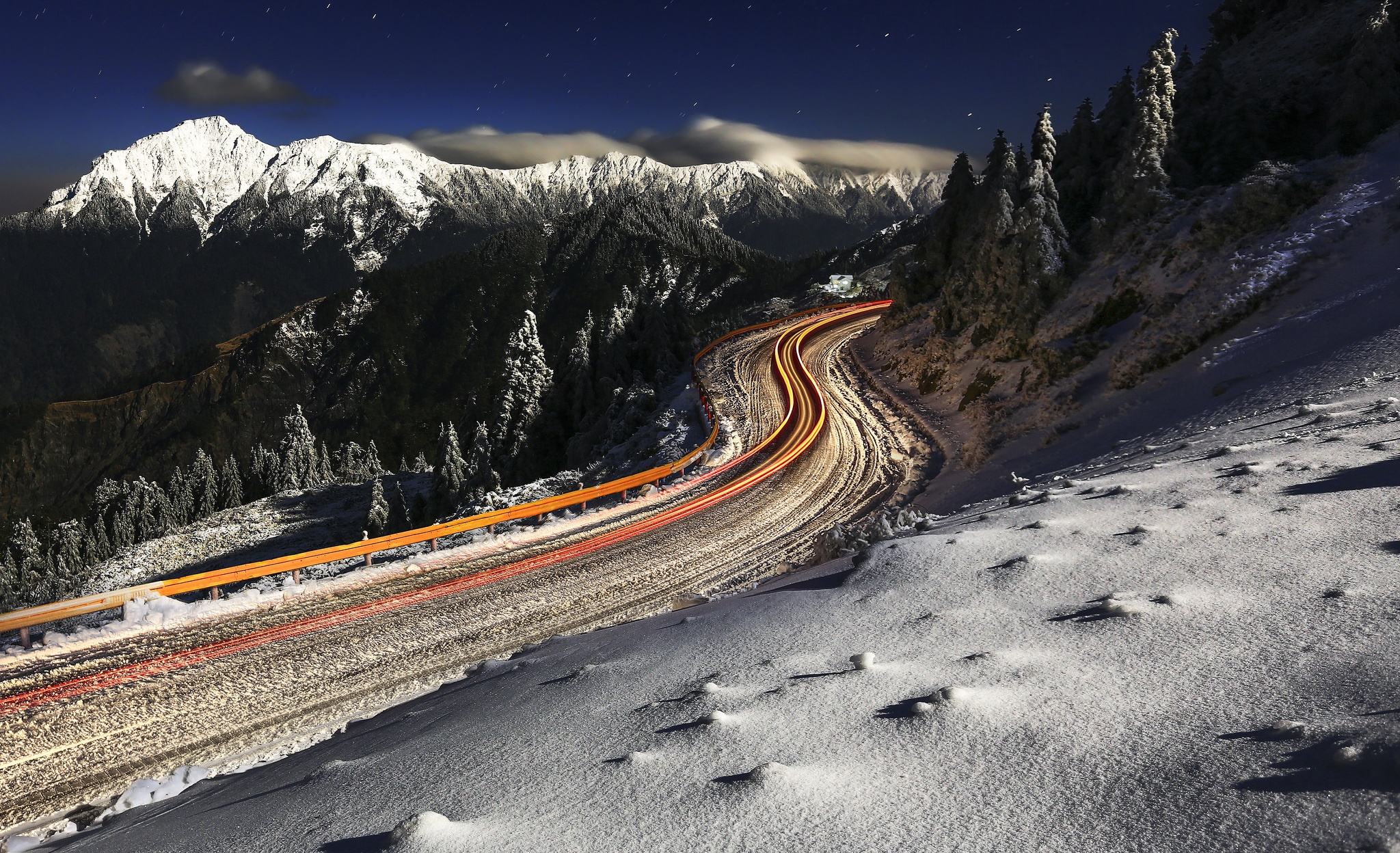 long exposure, Road, Mountains, Snow, Winter Wallpaper