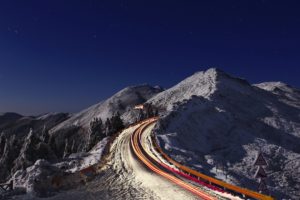 snow, Road, Dark, Nature, Mountains, Winter, Long exposure