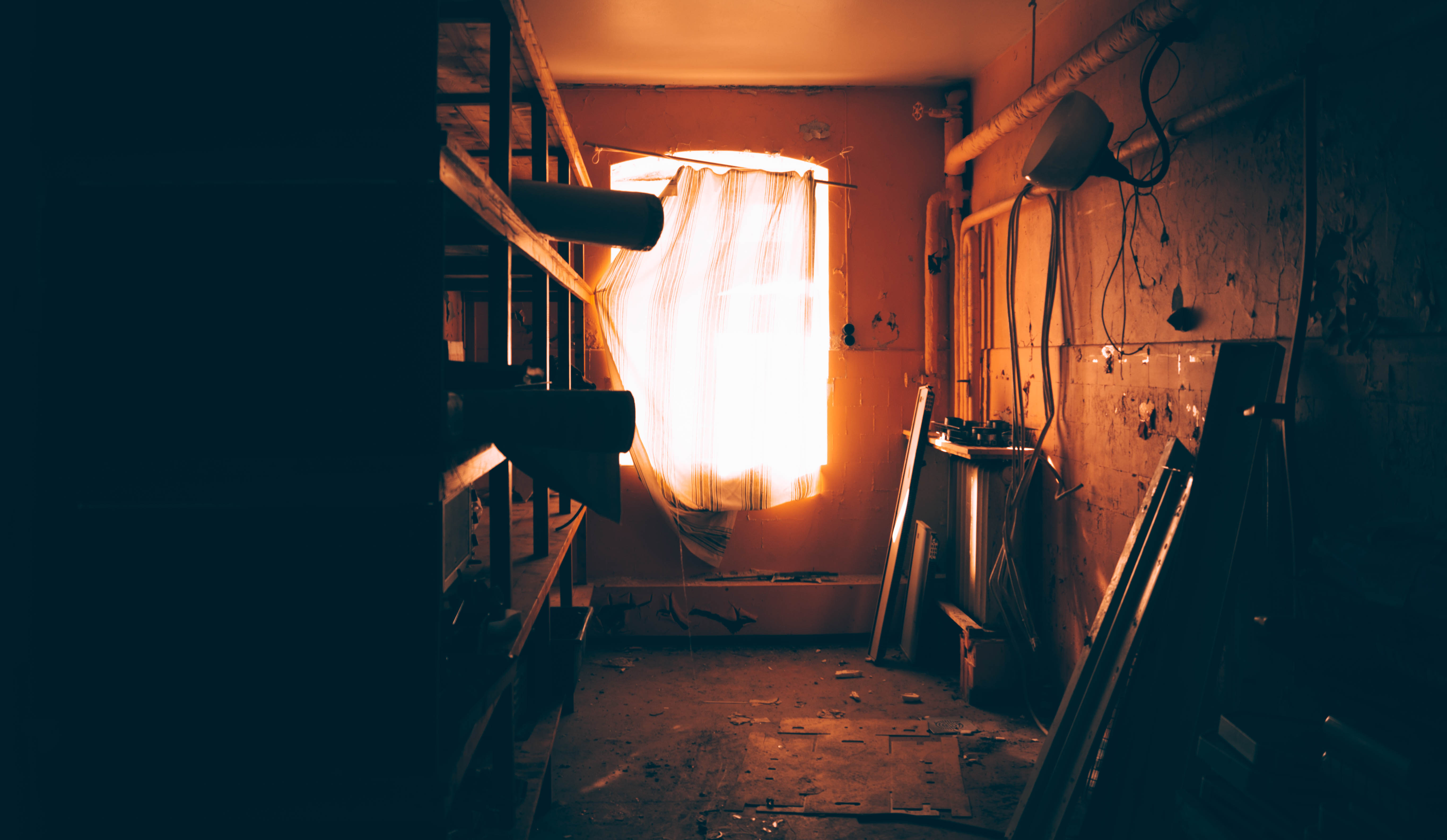 sunlight, Warm colors, Window, Urban decay, Curtains, Abandoned Wallpaper