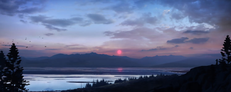 landscape, Sunset, Birds, Sky, Clouds, Artwork HD Wallpaper Desktop Background