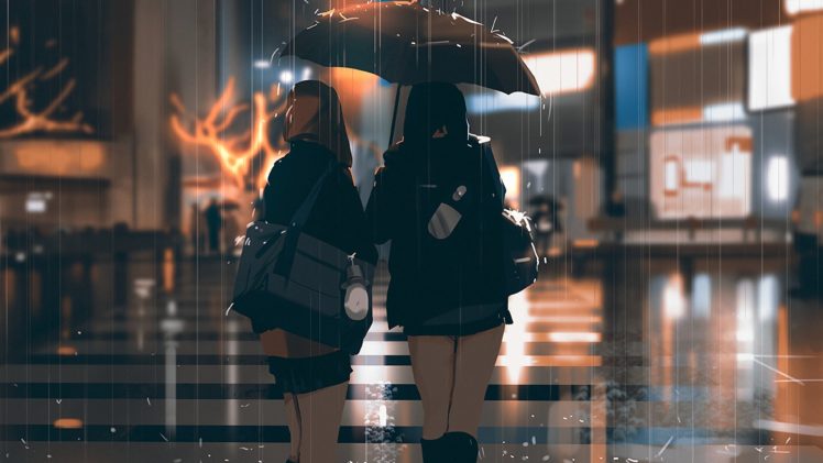 cat girl, Digital art, Rain, Road HD Wallpaper Desktop Background