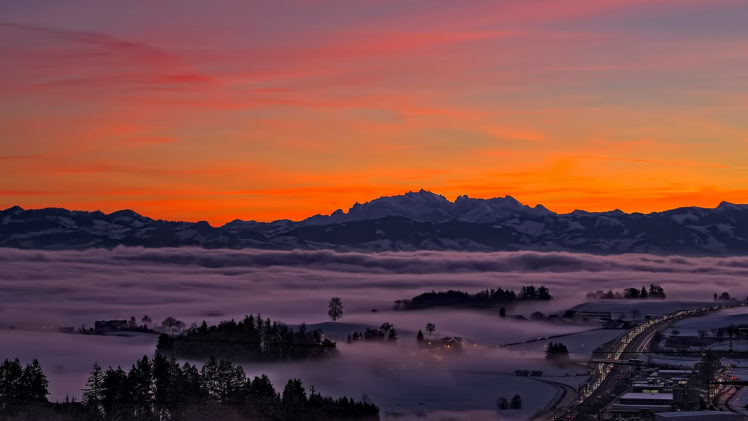 sunset, Mountains, Highway, Clouds HD Wallpaper Desktop Background