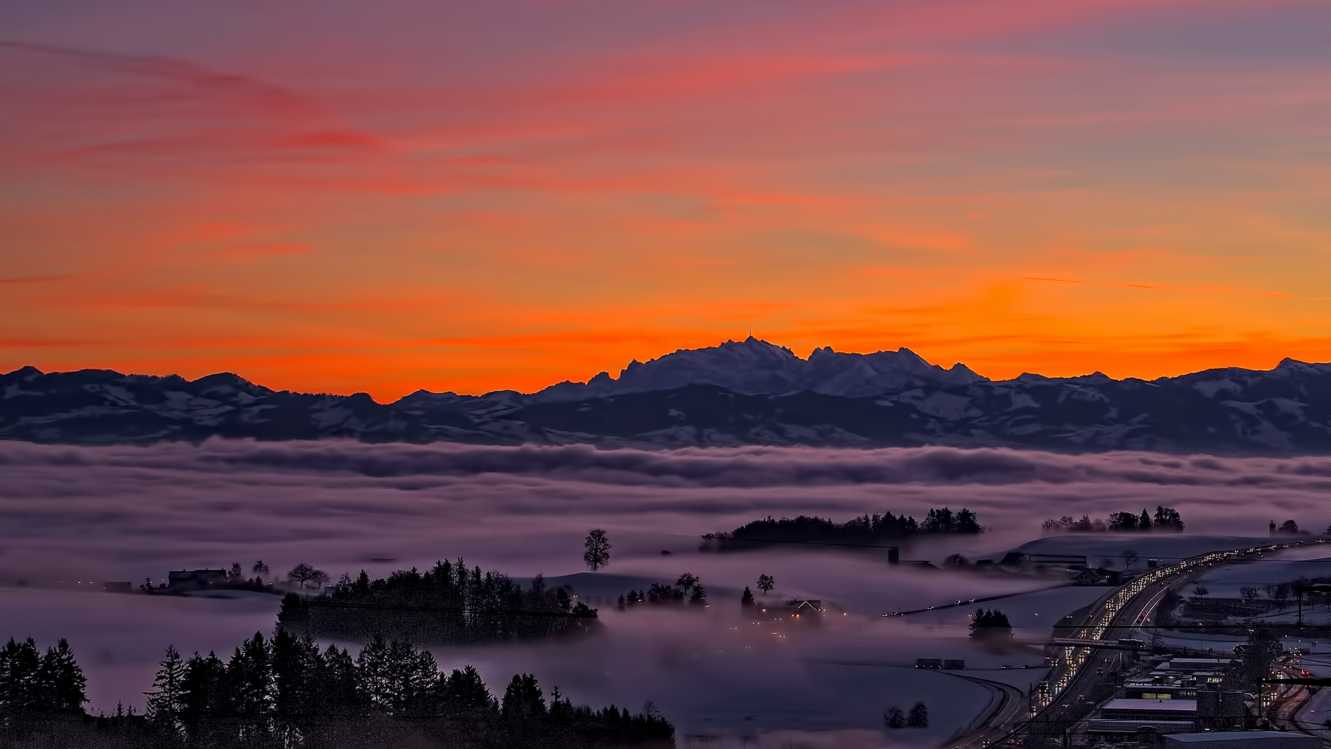 sunset, Mountains, Highway, Clouds Wallpaper