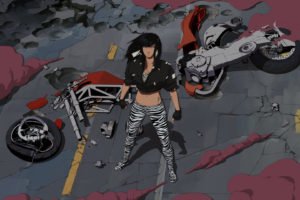 digital art, Black hair, Motorcycle, Wreck