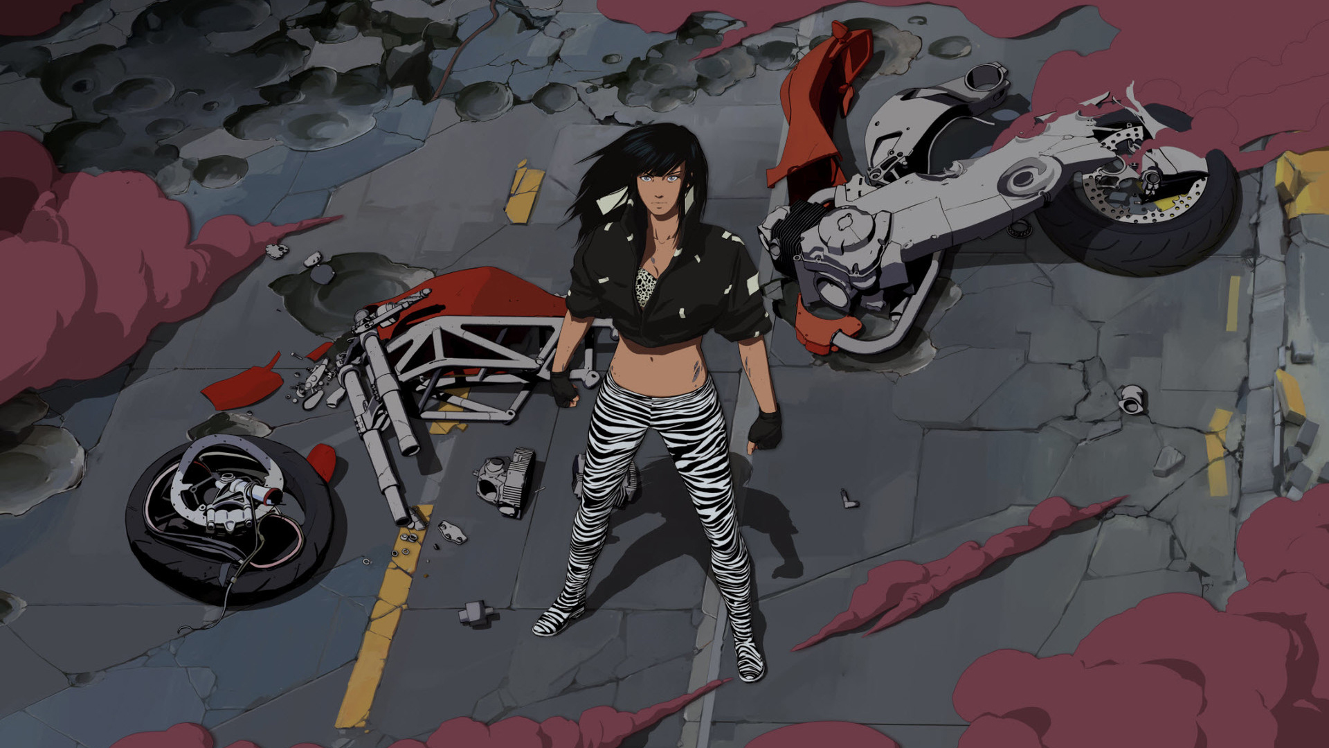 digital art, Black hair, Motorcycle, Wreck Wallpaper