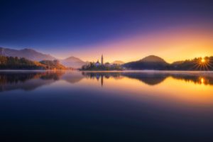nature, Lake, Reflection, Sunrise, Clouds, Church, Island, Slovenia, Lake Bled