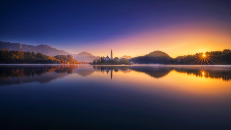 nature, Lake, Reflection, Sunrise, Clouds, Church, Island, Slovenia, Lake Bled HD Wallpaper Desktop Background