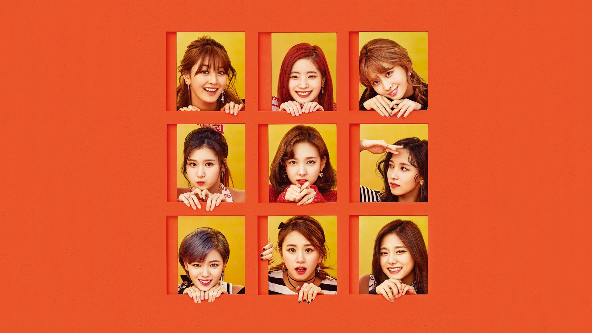 Twice, K pop, Collage, Smiling, Orange, Yellow, Red lipstick Wallpaper