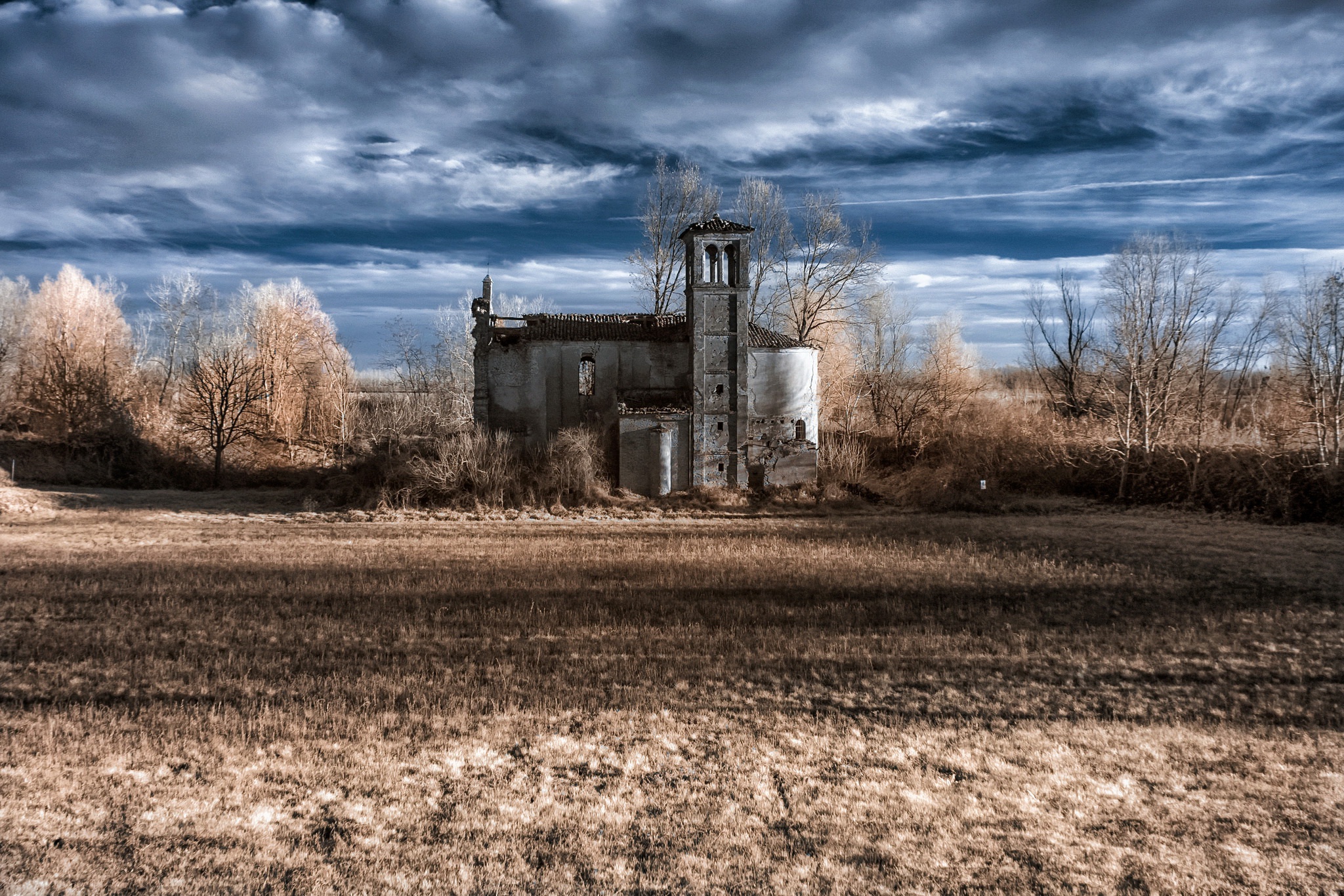 blue, Sky, Field, Landscape, Ruin Wallpaper