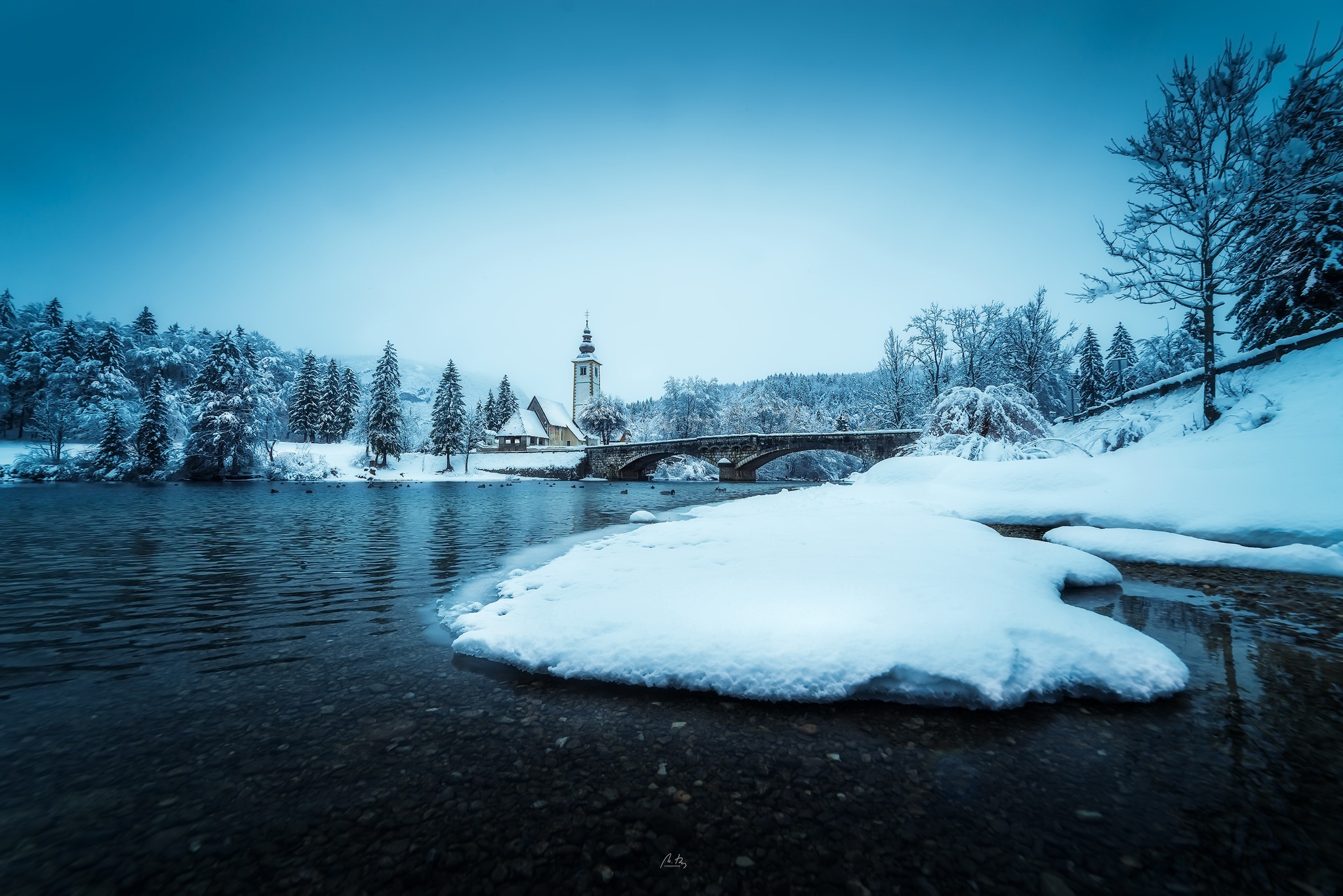 winter, Landscape, Water, Bridge, Slovenia, Bohinj Wallpaper