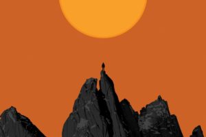 portrait display, Artwork, Digital art, Mountains, Rock climbing, Sun, Orange background