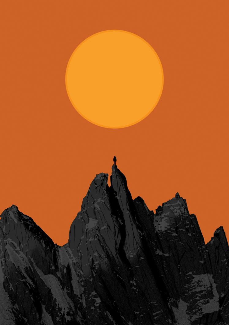 portrait display, Artwork, Digital art, Mountains, Rock climbing, Sun, Orange background HD Wallpaper Desktop Background