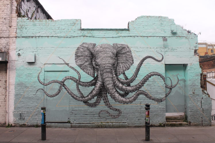 animals, Artwork, Wall, Elephant, Octopus, Graffiti, Street, London, UK, Crossover, Tentacles, Bricks, Photography HD Wallpaper Desktop Background