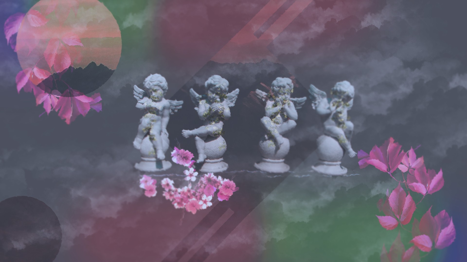 vaporwave, Statue, Angel, Pink flowers, Pink flower, Clouds, Herbarium, Shaders, Soft shading Wallpaper