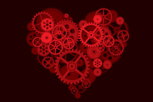 heart, Gears, Digital art, Red background, Clockworks