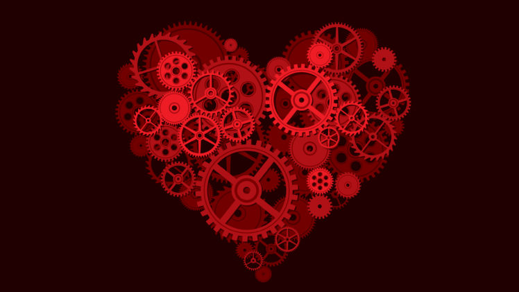heart, Gears, Digital art, Red background, Clockworks HD Wallpaper Desktop Background