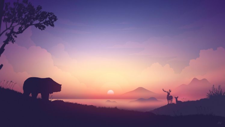 bears, Sunset, Mountains, Clouds, Trees HD Wallpaper Desktop Background