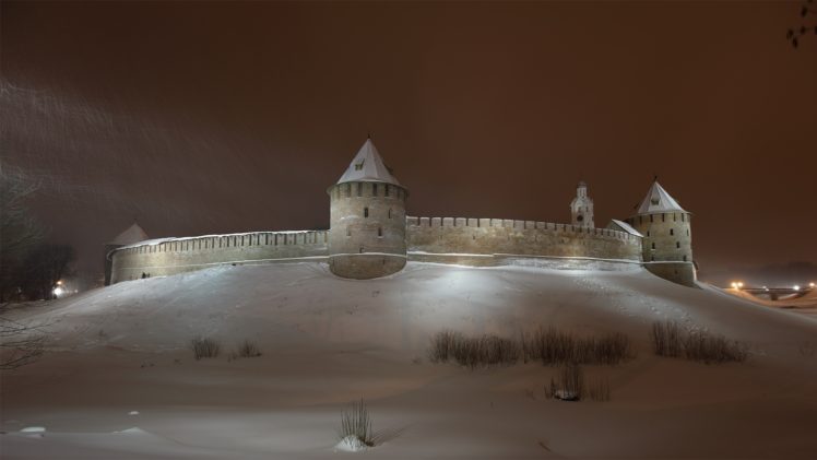 architecture, Castle, Nature, Landscape, Trees, Forest, Snow, Winter, Night, Tower, Snowing, Novgorod, Russia, Long exposure HD Wallpaper Desktop Background