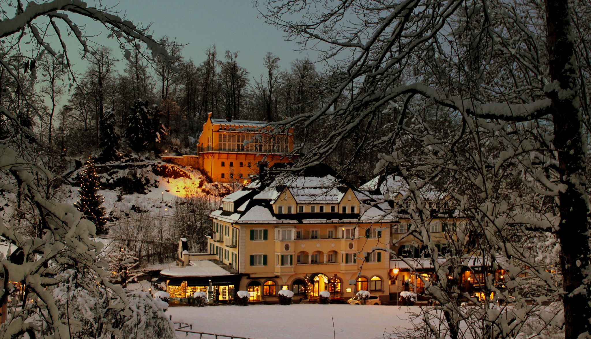 architecture, Castle, Nature, Landscape, Trees, Forest, Snow, Winter, Branch, Lights, Hotel, Germany Wallpaper