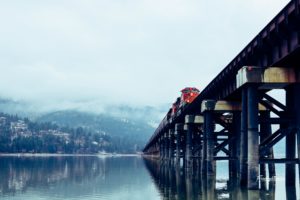 train, Bridge, Water, Trees, Mountains, Clouds, Sandpoint