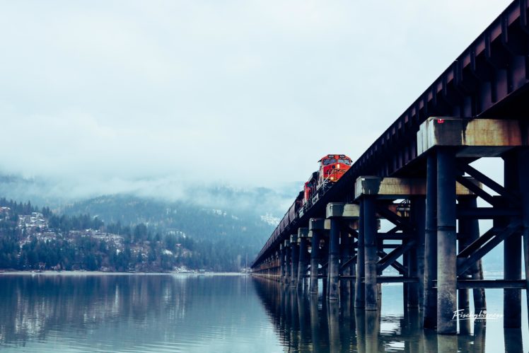 train, Bridge, Water, Trees, Mountains, Clouds, Sandpoint HD Wallpaper Desktop Background