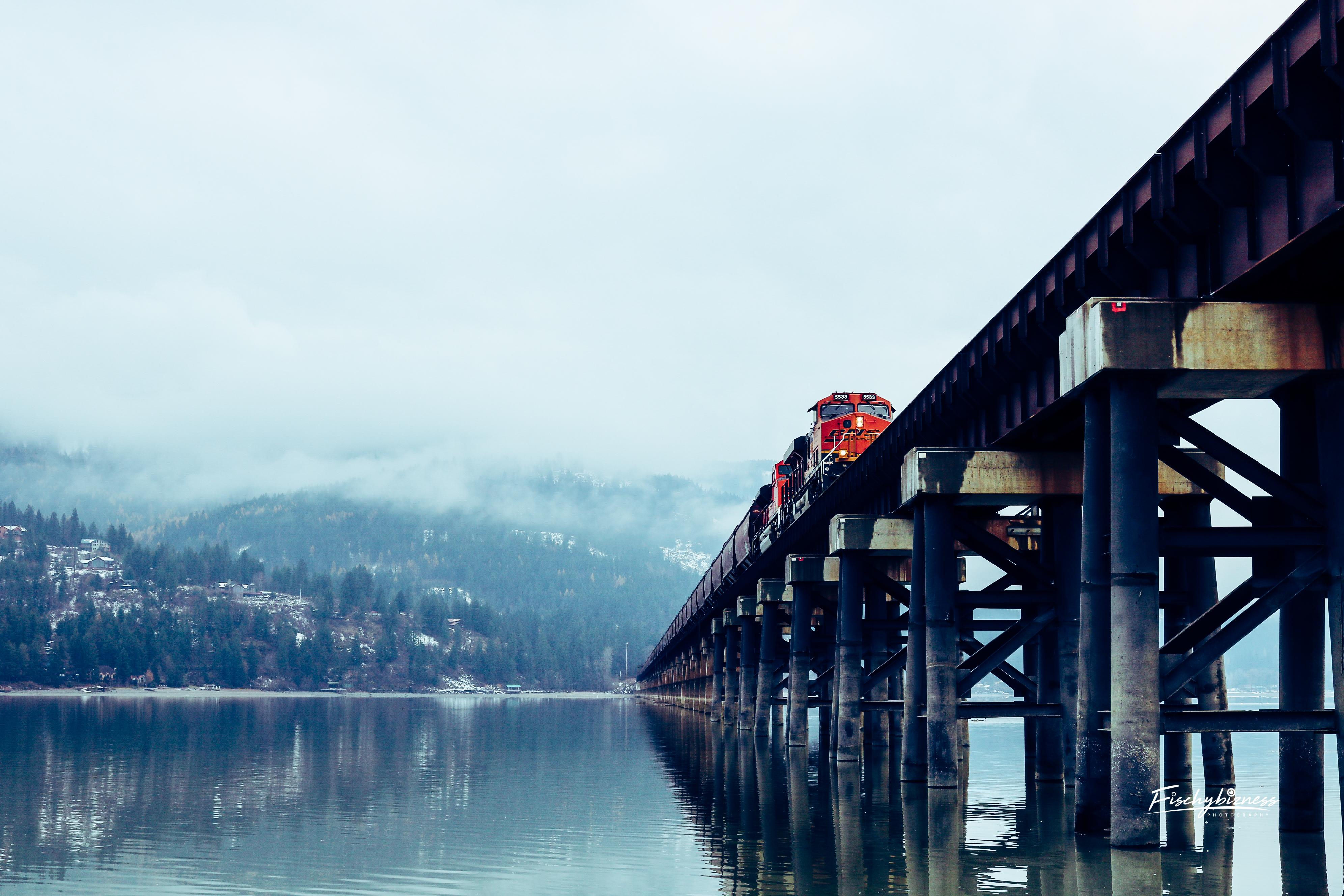 train, Bridge, Water, Trees, Mountains, Clouds, Sandpoint Wallpaper