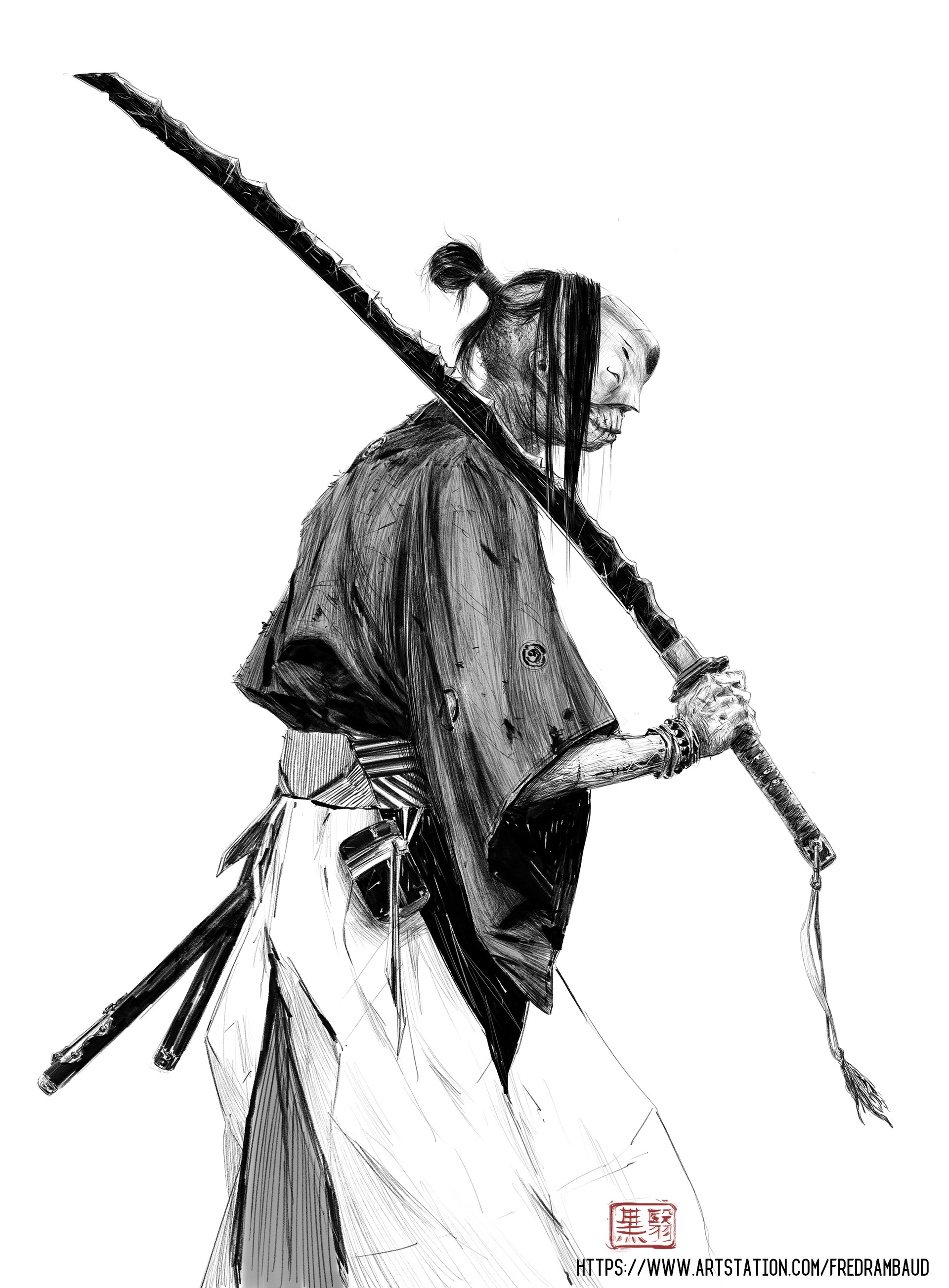 artwork, Simple background, Monochrome, Sword, Japanese sword, Samurai, Zombies, White background, Sketches Wallpaper