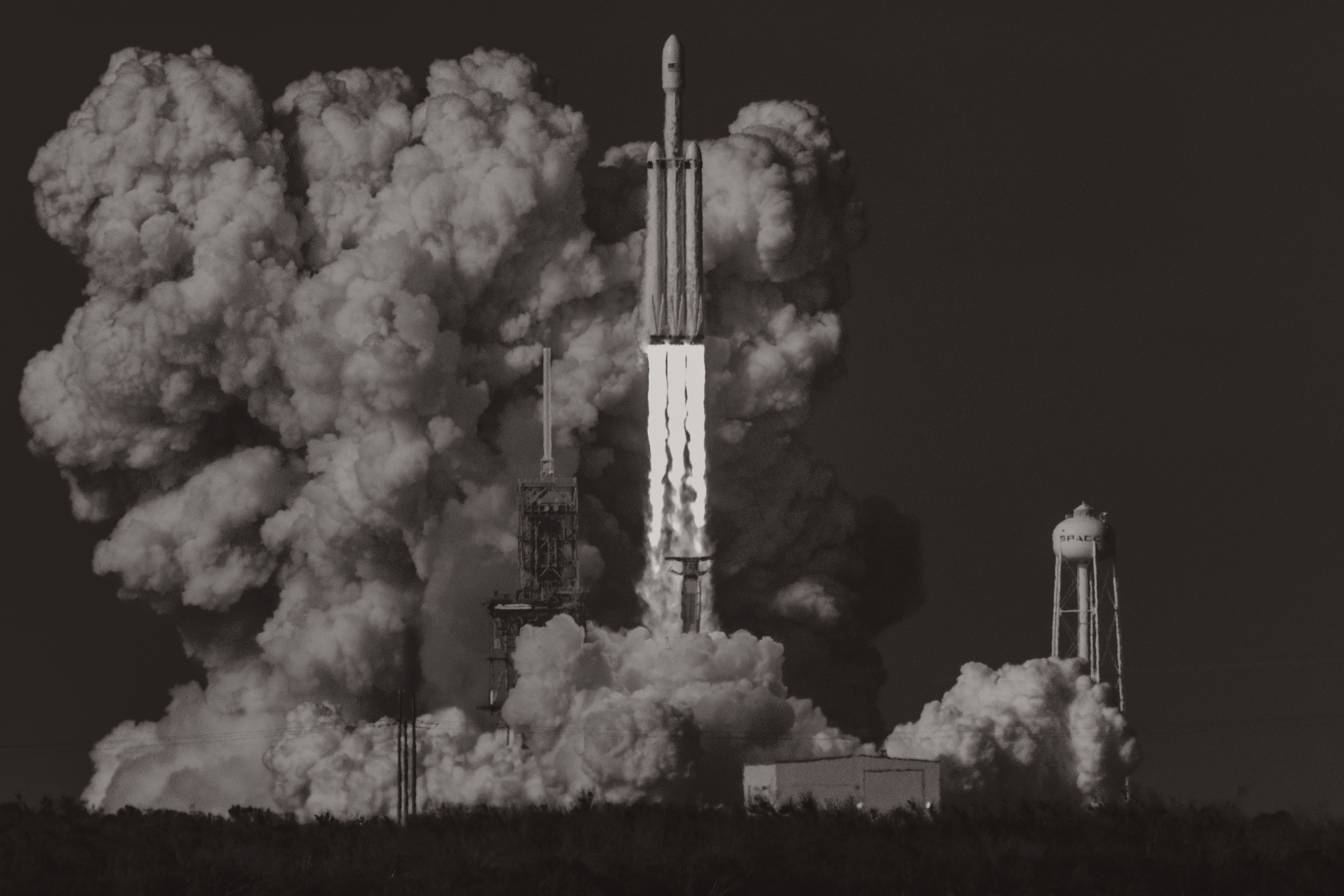 Elon Musk, Launch, Monochrome, Artwork, Rocket, SpaceX, Falcon Heavy Wallpaper