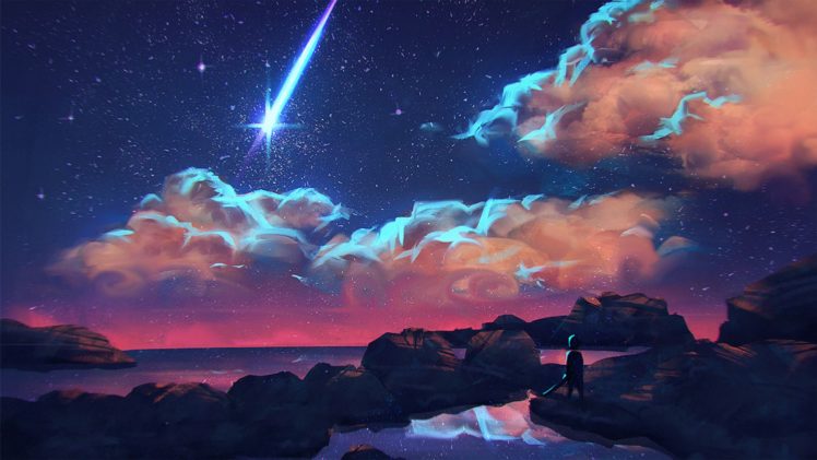digital art, Clouds, Shooting stars, Night HD Wallpaper Desktop Background