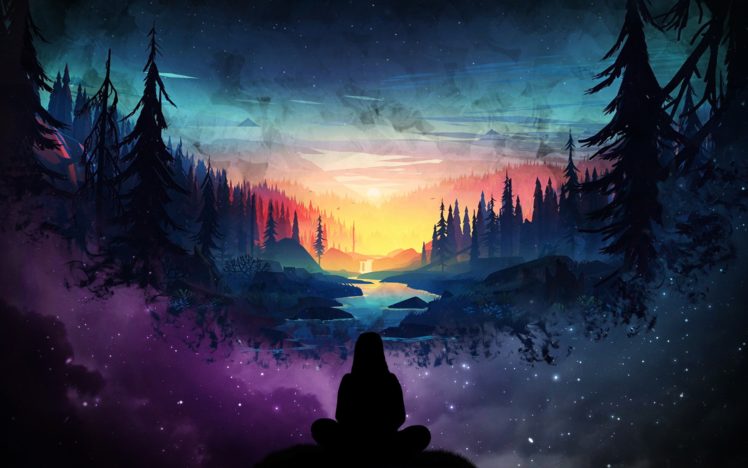 sitting, Landscape, Sky, Nebula, Forest, River, Silhouette, Trees HD Wallpaper Desktop Background