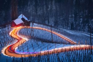 heart, Road, Long exposure, Winter, Landscape, Snow, Slovenia, Light trails