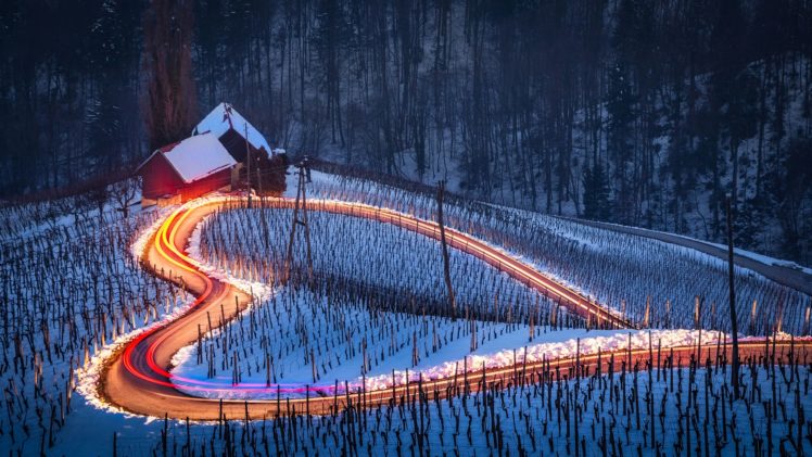 heart, Road, Long exposure, Winter, Landscape, Snow, Slovenia, Light trails HD Wallpaper Desktop Background