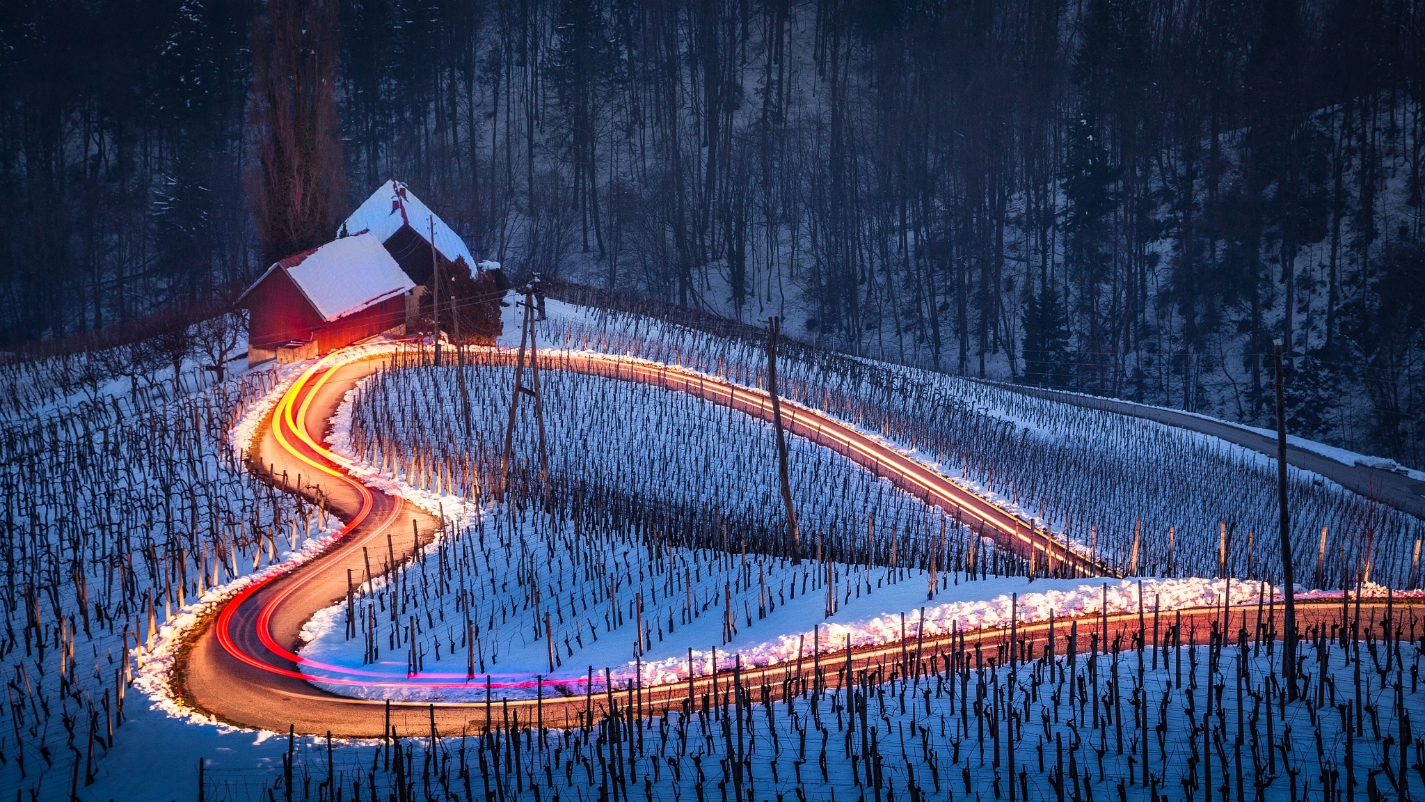 heart, Road, Long exposure, Winter, Landscape, Snow, Slovenia, Light trails Wallpaper