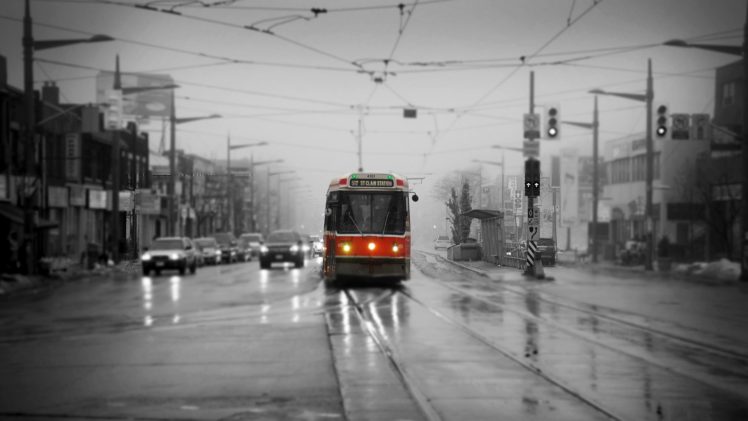 cityscape, Tram, Selective coloring, Rain, Toronto, Traffic, Canada, TTC HD Wallpaper Desktop Background