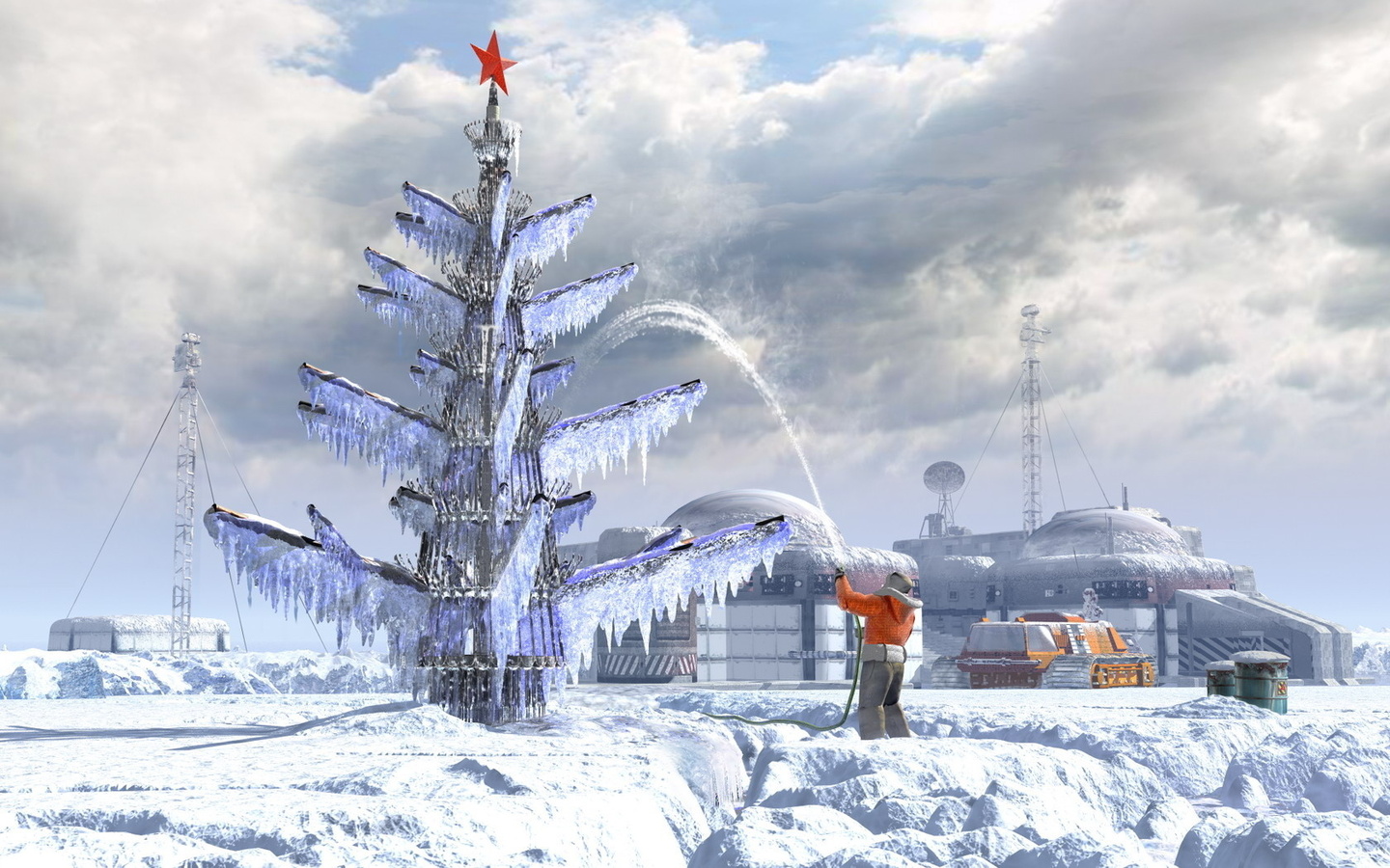 nature, Landscape, Digital art, Winter, Ice, Snow, Arctic, Stars, Research centre, Clouds Wallpaper