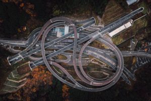 aerial view, Trees, Highway, Road, Fall, Forest, Crossroads, Japan, Tunnel, Car, Drone photo