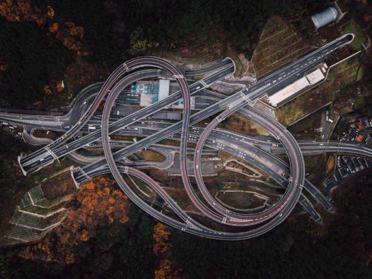 aerial view, Trees, Highway, Road, Fall, Forest, Crossroads, Japan, Tunnel, Car, Drone photo HD Wallpaper Desktop Background