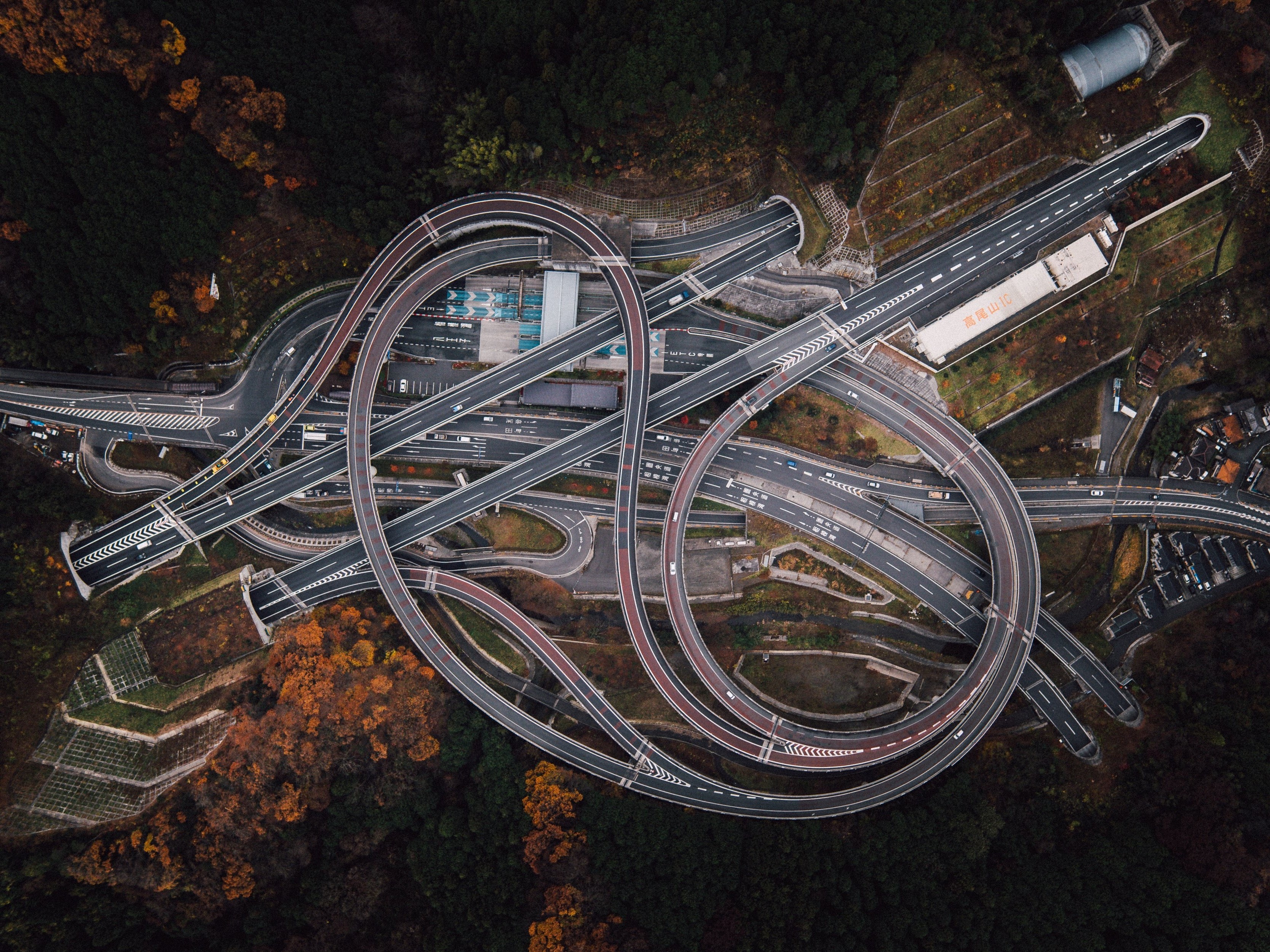 aerial view, Trees, Highway, Road, Fall, Forest, Crossroads, Japan, Tunnel, Car, Drone photo Wallpaper