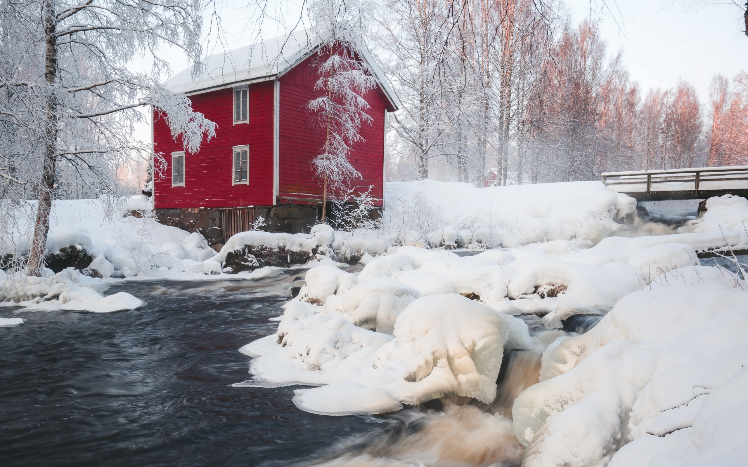 house, Ice, Winter, Nature, Landscape, Red, White, Water Wallpaper