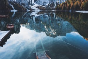 boat, Snow, Mountains, Water, Nature, Trees