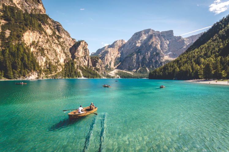 nature, Water, Mountains, Trees, Boat, Landscape, Clear sky HD Wallpaper Desktop Background