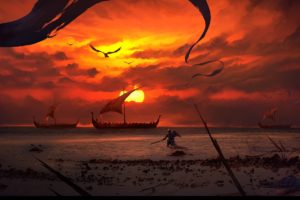 Dominik Mayer, Digital art, Artwork, Sunset, Beach, Battlefields, Ship, Sea