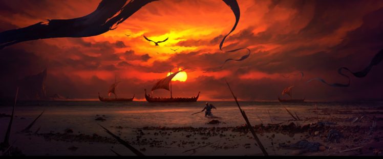 Dominik Mayer, Digital art, Artwork, Sunset, Beach, Battlefields, Ship, Sea HD Wallpaper Desktop Background